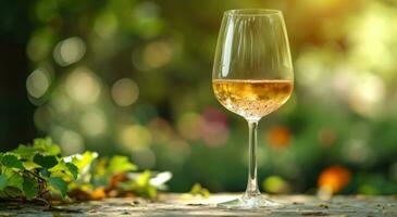 ai generado un vaso de blanco vino es tendido en un mesa al aire libre foto