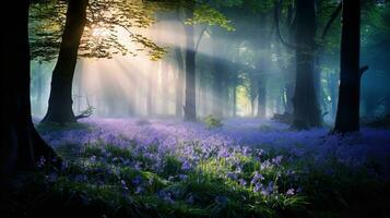 AI generated Misty Bluebell Wood at Dawn - AI Generated photo