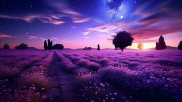 AI generated Moonlit Lavender Field and Starry Sky - AI Generated photo