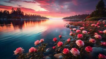 AI generated Lakeside Rose Field Elegance - AI Generated photo