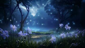 AI generated Moonlit Iris Field and Fireflies - AI Generated photo