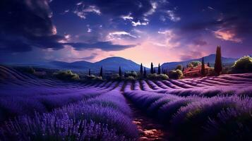 AI generated Moonlit Lavender Field and Starry Sky - AI Generated photo