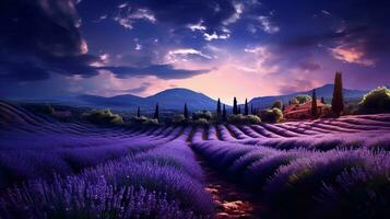 ai generado de luna lavanda campo y estrellado cielo - ai generado foto