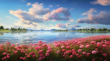 AI generated Lakeside Rose Field Elegance - AI Generated photo