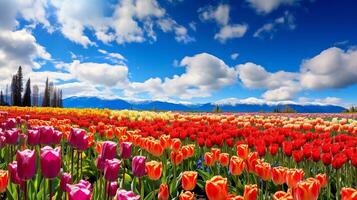 AI generated Spring Tulip Delight Under Blue Sky - AI Generated photo