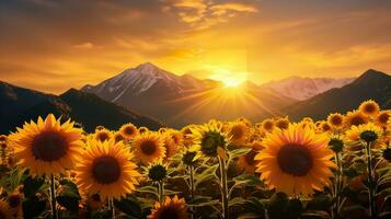 AI generated Sunflower Field Against Mountain Backdrop - AI Generated photo