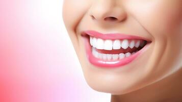 AI generated Closeup healthy white teeth and pink gum of a woman. Dental care and teeth whitening concept. Oral care dentistry. Beautiful smile. Perfect healthy teeth. Confident dental beauty. photo