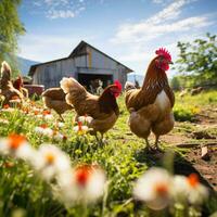 AI generated Free range chicken farm and sustainable agriculture. Organic poultry farming. Chickens roaming free in sustainable and animal-friendly farm. Free range bird in agriculture grass field. photo