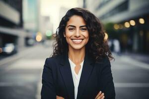 AI generated Confident Hispanic business woman standing outside an office building. Portrait of smiling professional businesswoman on blur office building background. Professional manager in suit. photo