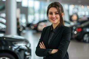 AI generated Professional luxury car saleswoman in luxury showroom. Auto dealership office. Car dealer business. Smiling woman in showroom. Expensive car. Automotive industry. Luxury car agent. photo