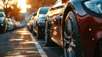 ai generado coche estacionado a al aire libre estacionamiento lote. usado coche para rebaja y alquiler servicio. coche seguro antecedentes. automóvil estacionamiento área. coche concesión y comerciante agente concepto. automotor industria. foto