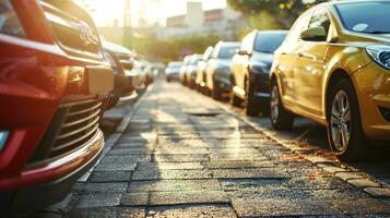 ai generado coche estacionado a al aire libre estacionamiento lote. usado coche para rebaja y alquiler servicio. coche seguro antecedentes. automóvil estacionamiento área. coche concesión y comerciante agente concepto. automotor industria. foto