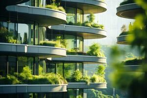 ai generado sostenible verde edificio. Respetuoso del medio ambiente edificio. sostenible vaso oficina edificio con árbol para reduciendo carbón dióxido. oficina con verde ambiente. corporativo edificio reducir co2 foto