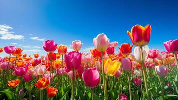 AI generated Spring Tulip Delight Under Blue Sky - AI Generated photo