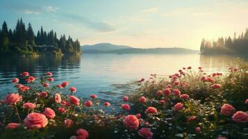 AI generated Lakeside Rose Field Elegance - AI Generated photo