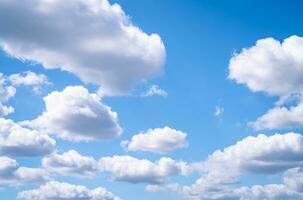 Beautiful blue sky and white cumulus clouds abstract background. Cloudscape background. Blue sky and fluffy white clouds on sunny days. Blue sky and daylight. World Ozone Day. Ozone layer. Summer sky. photo