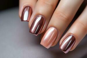 AI generated Glamour woman hand with brown nail polish on her fingernails. Beige color nail manicure with gel polish at luxury beauty salon. Nail art and design. Female hand model. French manicure. photo