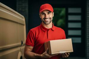 AI generated Delivery courier service. Delivery man in red cap and uniform holding a cardboard box near a van truck delivering to customer home. Smiling man postal delivery man delivering a package. photo