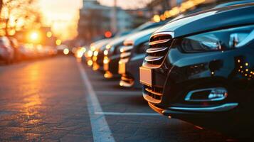 ai generado coche estacionado a al aire libre estacionamiento lote. usado coche para rebaja y alquiler servicio. coche seguro antecedentes. automóvil estacionamiento área. coche concesión y comerciante agente concepto. automotor industria. foto