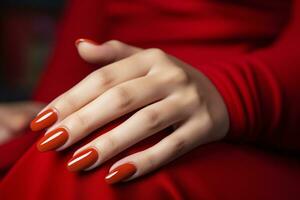 ai generado glamour mujer mano con clásico rojo uña polaco en su uñas rojo uña manicura con gel polaco a lujo belleza salón. uña Arte y diseño. hembra mano modelo. francés manicura. foto