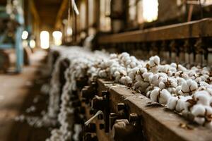 ai generado algodón agricultura y textil industria. cosechado blanco algodón flores siendo procesada o transformado dentro tela por máquina en fabricación. sostenible material para textil industria. foto