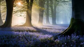 AI generated Misty Bluebell Wood at Dawn - AI Generated photo