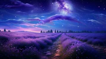 AI generated Moonlit Lavender Field and Starry Sky - AI Generated photo