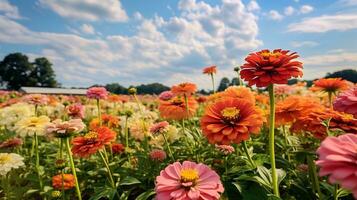 ai generado tarde verano zinnia campo resplandor - ai generado foto