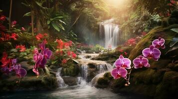 AI generated Tropical Orchid Field and Waterfall - AI Generated photo