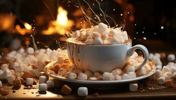 AI generated Hot chocolate warms the winter night with sweet indulgence generated by AI photo