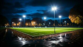 AI generated Bright spotlight illuminates empty soccer field on a summer night generated by AI photo