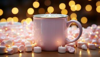 AI generated Cozy winter night hot coffee, candlelight, and glowing marshmallows generated by AI photo