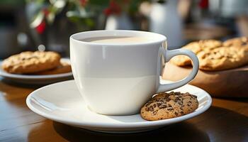 ai generado hecho en casa chocolate chip galletas en de madera mesa con café generado por ai foto