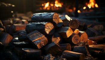 AI generated Burning firewood warms nature cold, glowing with heat generated by AI photo