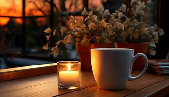 AI generated Cozy night candle flame, coffee cup, book, comfortable table generated by AI photo