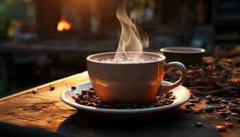 AI generated Hot coffee on wooden table, steam rising, cozy atmosphere generated by AI photo
