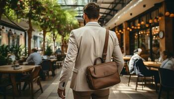 ai generado un exitoso empresario caminando en el ciudad con un bolso generado por ai foto