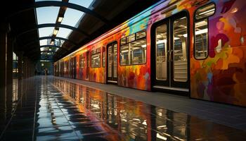 AI generated Subway train speeds through illuminated city, reflecting modern architecture generated by AI photo
