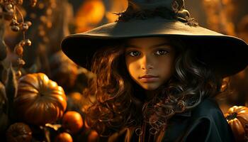 AI generated Cute girl smiling, Halloween celebration, pumpkin decoration, spooky night generated by AI photo