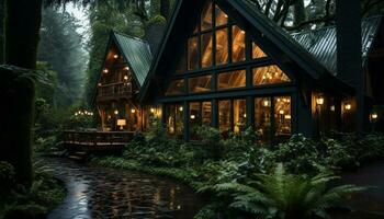 AI generated Illuminated cottage in the dark forest reflects tranquility and beauty generated by AI photo