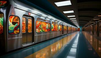 AI generated Modern subway train speeds through underground corridor, illuminating futuristic architecture generated by AI photo