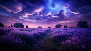 AI generated Moonlit Lavender Field and Starry Sky - AI Generated photo