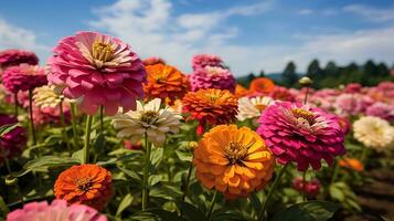 ai generado tarde verano zinnia campo resplandor - ai generado foto