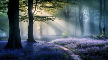 AI generated Misty Bluebell Wood at Dawn - AI Generated photo