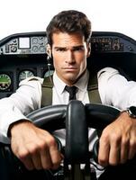 AI generated Skilled Male Pilot Navigating Aircraft, AI Generated photo