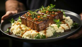 AI generated Grilled steak fillet, fresh salad, prepared potato, rustic garnish generated by AI photo