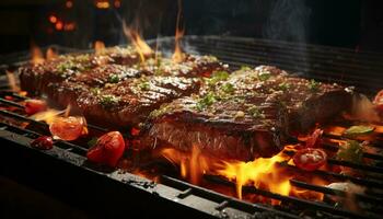 ai generado A la parrilla bife, jugoso y extraño, Listo a comer en un plato generado por ai foto