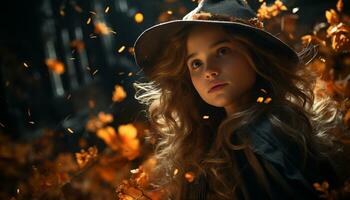 ai generado sonriente niña disfruta otoño noche, rodeado por naturaleza belleza generado por ai foto