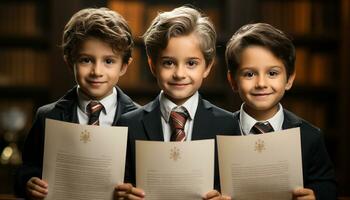 ai generado un grupo de alegre niños estudiando en un colegio biblioteca generado por ai foto