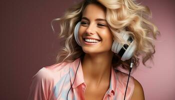 AI generated Smiling young woman in headphones, enjoying music with happiness generated by AI photo